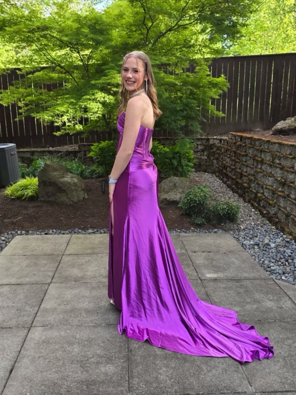 Strapless Purple Satin Prom Gown with Train